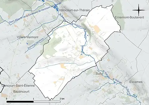 Carte en couleur présentant le réseau hydrographique de la commune