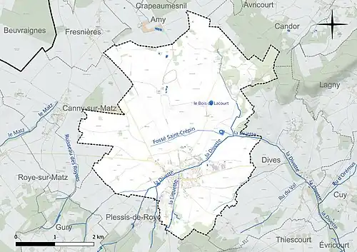 Carte en couleur présentant le réseau hydrographique de la commune