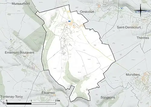 Carte en couleur présentant le réseau hydrographique de la commune