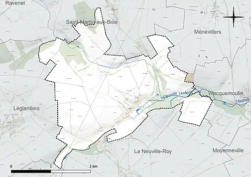 Carte en couleur présentant le réseau hydrographique de la commune