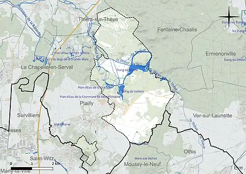 Carte en couleur présentant le réseau hydrographique de la commune