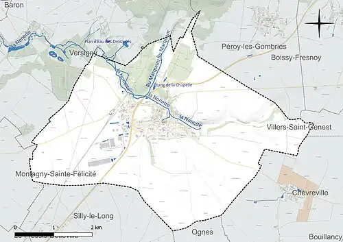 Carte en couleur présentant le réseau hydrographique de la commune