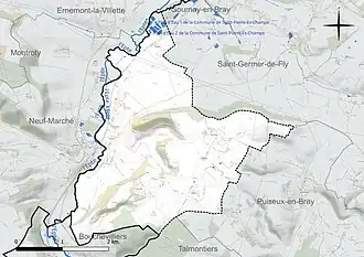 Carte en couleur présentant le réseau hydrographique de la commune