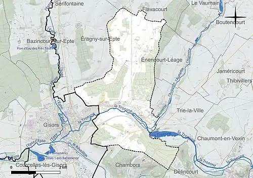 Carte en couleur présentant le réseau hydrographique de la commune
