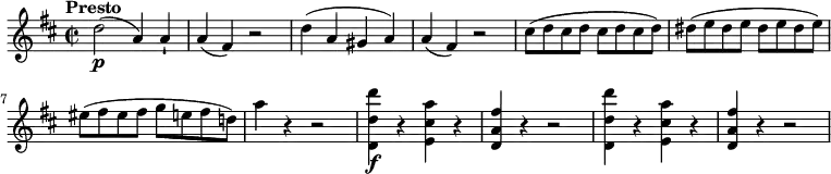 \relative c'' {
\version "2.18.2"
\key d \major
\tempo "Presto"
\time 2/2
\tempo 4 = 170
d2\p (a4) a-!
a (fis) r2
d'4 (a gis a)
a (fis) r2
cis'8 (d cis d cis d cis d)
dis8 (e dis e dis e dis e)
eis8 (fis eis fis g e fis d!)
a'4 r4 r2
<d,, d' d'>4\f r4 <e cis' a'> r4
<d a' fis'> r4 r2
<d d' d'>4 r4 <e cis' a'> r4
<d a' fis'> r4 r2
}