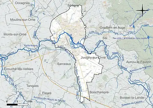 Carte en couleur présentant le réseau hydrographique de la commune
