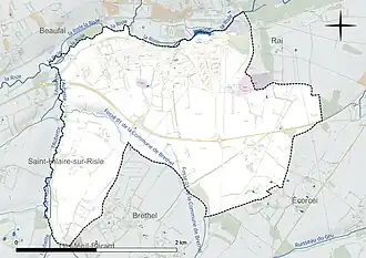 Carte en couleur présentant le réseau hydrographique de la commune