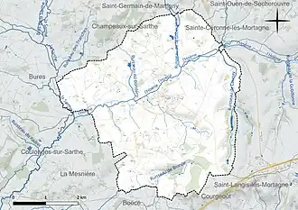 Carte en couleur présentant le réseau hydrographique de la commune