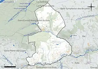 Carte en couleur présentant le réseau hydrographique de la commune
