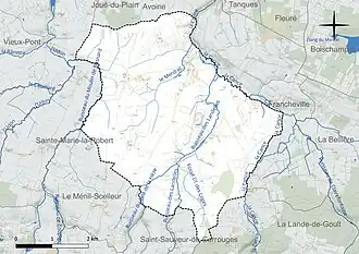 Carte en couleur présentant le réseau hydrographique de la commune