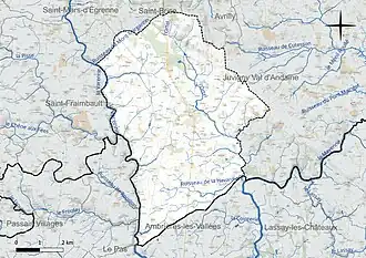 Carte en couleur présentant le réseau hydrographique de la commune