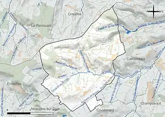 Carte en couleur présentant le réseau hydrographique de la commune