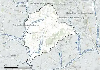 Carte en couleur présentant le réseau hydrographique de la commune