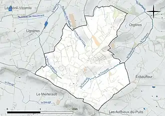 Carte en couleur présentant le réseau hydrographique de la commune