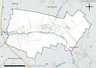 Carte en couleur présentant le réseau hydrographique de la commune