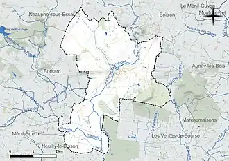 Carte en couleur présentant le réseau hydrographique de la commune