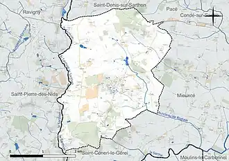 Carte en couleur présentant le réseau hydrographique de la commune