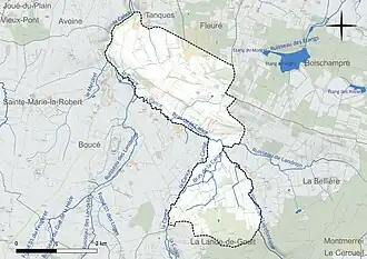 Carte en couleur présentant le réseau hydrographique de la commune