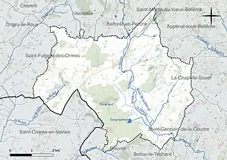 Carte en couleur présentant le réseau hydrographique de la commune