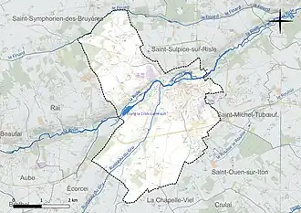 Carte en couleur présentant le réseau hydrographique de la commune