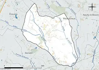 Carte en couleur présentant le réseau hydrographique de la commune