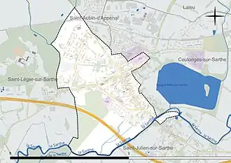 Carte en couleur présentant le réseau hydrographique de la commune
