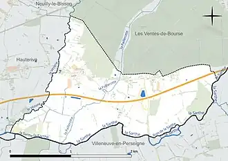 Carte en couleur présentant le réseau hydrographique de la commune
