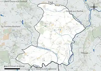 Carte en couleur présentant le réseau hydrographique de la commune