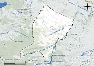 Carte en couleur présentant le réseau hydrographique de la commune