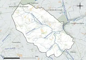Carte en couleur présentant le réseau hydrographique de la commune
