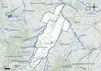 Carte en couleur présentant le réseau hydrographique de la commune