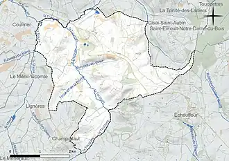 Carte en couleur présentant le réseau hydrographique de la commune
