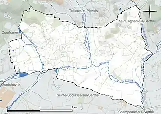 Carte en couleur présentant le réseau hydrographique de la commune