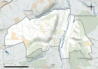 Carte en couleur présentant le réseau hydrographique de la commune