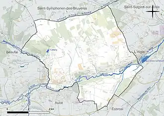Carte en couleur présentant le réseau hydrographique de la commune