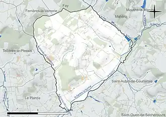 Carte en couleur présentant le réseau hydrographique de la commune