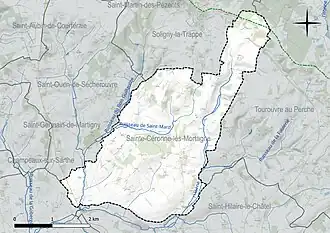Carte en couleur présentant le réseau hydrographique de la commune