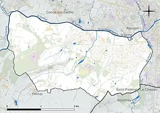 Carte en couleur présentant le réseau hydrographique de la commune