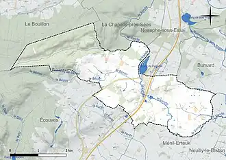 Carte en couleur présentant le réseau hydrographique de la commune
