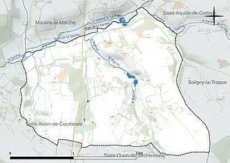 Carte en couleur présentant le réseau hydrographique de la commune