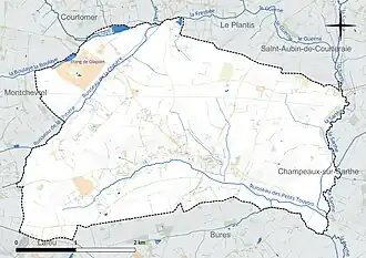 Carte en couleur présentant le réseau hydrographique de la commune