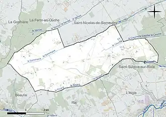 Carte en couleur présentant le réseau hydrographique de la commune