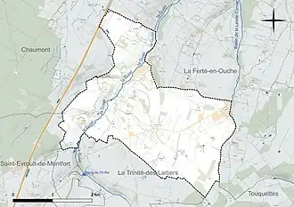 Carte en couleur présentant le réseau hydrographique de la commune