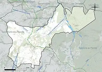 Carte en couleur présentant le réseau hydrographique de la commune