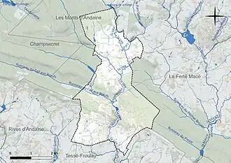Carte en couleur présentant le réseau hydrographique de la commune