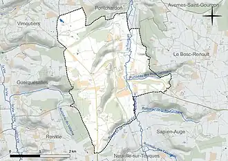 Carte en couleur présentant le réseau hydrographique de la commune