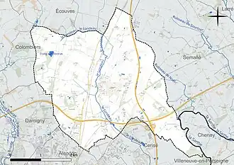 Carte en couleur présentant le réseau hydrographique de la commune