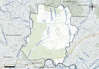 Carte en couleur présentant le réseau hydrographique de la commune