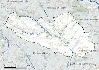 Carte en couleur présentant le réseau hydrographique de la commune