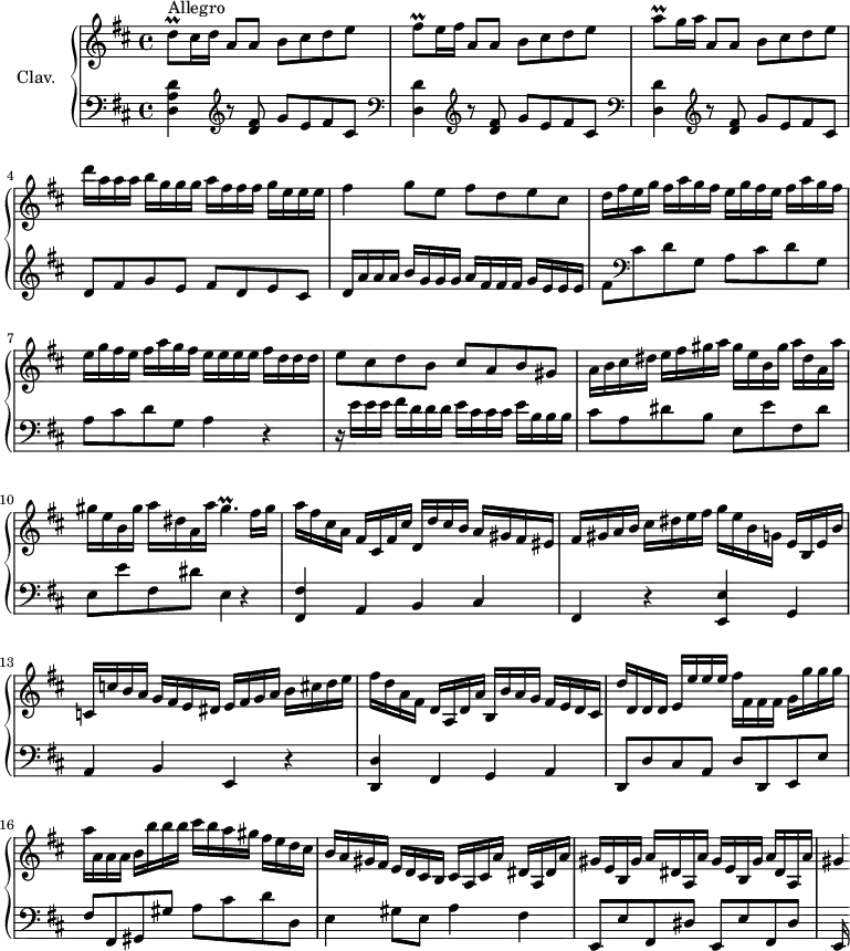 \version "2.18.2"
\header {
tagline = ##f
% composer = "Domenico Scarlatti"
% opus = "K. 435"
% meter = "Allegro"
}
%% les petites notes
trillGisp = { \tag #'print { gis4.\prall } \tag #'midi { a32 gis a gis~ gis4 } }
trillFisq = { \tag #'print { fis8\prall } \tag #'midi { g32 fis g fis } }
trillAq = { \tag #'print { a8\prall } \tag #'midi { b32 a b a } }
trillDq = { \tag #'print { d8\prall } \tag #'midi { e32 d e d } }
upper = \relative c'' {
\clef treble
\key d \major
\time 4/4
\tempo 4 = 118
\set Staff.midiInstrument = #"harpsichord"
\override TupletBracket.bracket-visibility = ##f
s8*0^\markup{Allegro}
\trillDq cis16 d a8 a b cis d e | \trillFisq e16 fis a,8 a b cis d e | \trillAq g16 a a,8 a b cis d e |
% ms. 4
d'16 a a a b g g g a fis fis fis g e e e | fis4 g8 e fis d e cis | d16 fis e g fis a g fis \repeat unfold 2 { e16 g fis e fis a g fis } |
% ms. 7 suite
e e e e fis d d d | e8 cis d b cis a b gis | a16 b cis dis e fis gis a gis e b gis' a dis, a a' |
% ms. 10
gis e b gis' a dis, a a' \trillGisp fis16 gis | a16 fis cis a fis cis fis cis' d, d' cis b a gis fis eis | fis gis a b cis dis e fis g e b g e b e b' |
% ms. 13
c, c' b a g fis e dis e fis g a b cis d e | fis d a fis d a d a' b, b' a g fis e d cis | d' d, d d e e' e e fis fis, fis fis g g' g g |
% ms. 16
a16 a, a a b b' b b cis b a gis fis e d cis | b a gis fis e d cis b cis a cis a' dis, a dis a' | \repeat unfold 2 { gis e b gis' a dis, a a' } |
% ms. 19
gis4*1/4
}
lower = \relative c' {
\clef bass
\key d \major
\time 4/4
\set Staff.midiInstrument = #"harpsichord"
\override TupletBracket.bracket-visibility = ##f
% ************************************** \appoggiatura a8 \repeat unfold 2 { } \times 2/3 { } \omit TupletNumber
< d, a' d >4 \repeat unfold 2 { \clef treble r8 < d' fis >8 g e fis cis | \clef bass < d, d' >4 } \clef treble r8 < d' fis >8 g e fis cis |
% ms. 4
d8 fis g e fis d e cis | d16 a' a a b g g g a fis fis fis g e e e | fis8 \clef bass cis d g, a cis d g, |
% ms. 7
a8 cis d g, a4 r4 | r16 e'16 e e fis d d d e cis cis cis e b b b | cis8 a dis b e, e' fis, dis' |
% ms. 10
e,8 e' fis, dis' e,4 r4 | < fis, fis' >4 a4 b cis | fis, r4 < e e' > g
% ms. 13
a4 b e, r4 | < d d' >4 fis4 g a | d,8 d' cis a d d, e e' |
% ms. 16
fis8 fis, gis gis' a cis d d, | e4 gis8 e a4 fis | \repeat unfold 2 { e,8 e' fis, dis' } | % comment arrêter ça ?
% ms. 19
e,16
}
thePianoStaff = \new PianoStaff <<
\set PianoStaff.instrumentName = #"Clav."
\new Staff = "upper" \upper
\new Staff = "lower" \lower
>>
\score {
\keepWithTag #'print \thePianoStaff
\layout {
#(layout-set-staff-size 17)
\context {
\Score
\override SpacingSpanner.common-shortest-duration = #(ly:make-moment 1/2)
\remove "Metronome_mark_engraver"
}
}
}
\score {
\keepWithTag #'midi \thePianoStaff
\midi { }
}